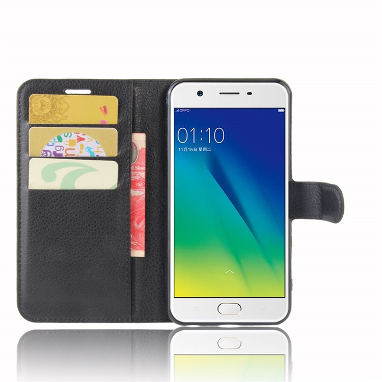 Lychee Skin Wallet Leather Stand Case for OPPO A57 A57m - Black-4