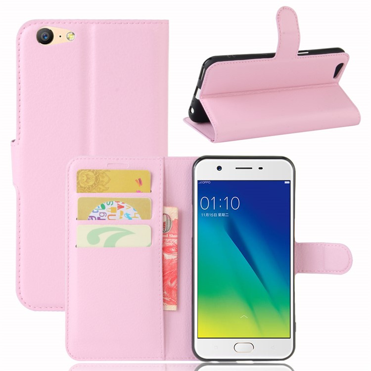 Lychee Skin Magnetic Leather Stand Cover for OPPO A57 A57m - Pink-1