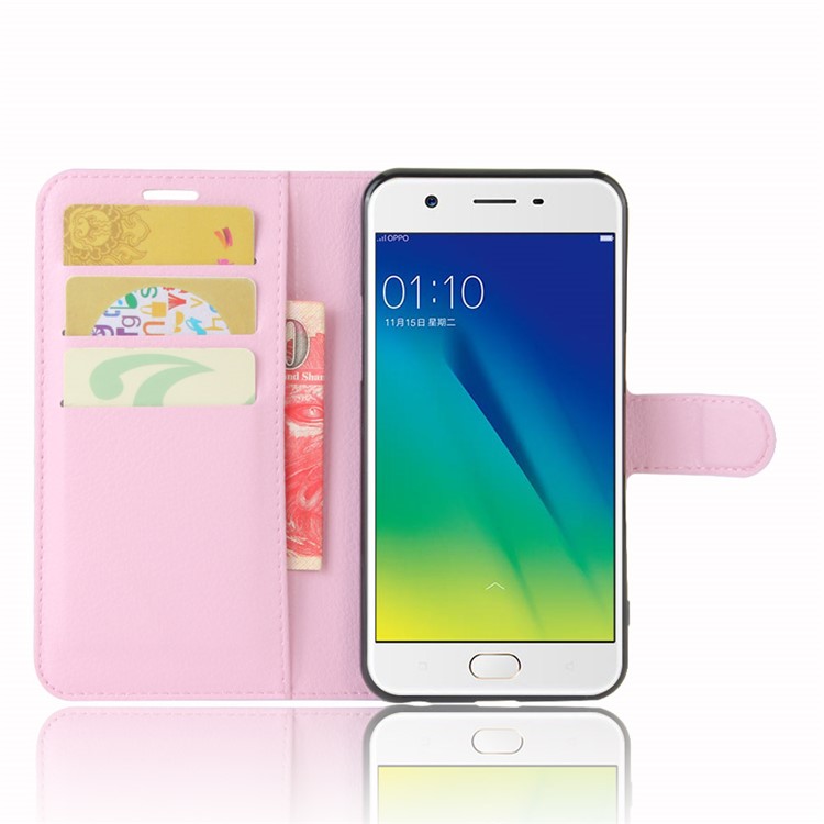 Lychee Skin Magnetic Leather Stand Cover for OPPO A57 A57m - Pink-4