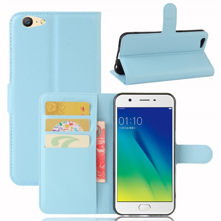 Lychee Skin Leather Stand Case with Card Slots for OPPO A57 A57m - Baby Blue-1