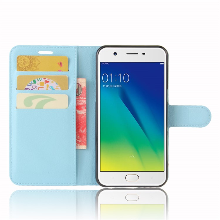 Lychee Skin Leather Stand Case with Card Slots for OPPO A57 A57m - Baby Blue-4