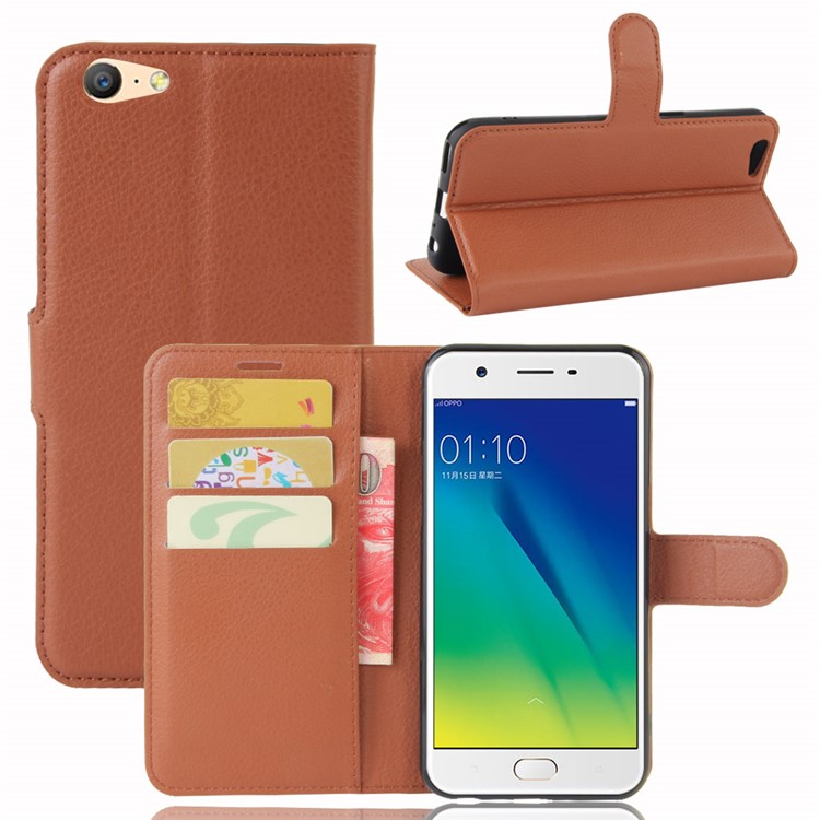 Lychee Skin Wallet Leather Case with Stand for OPPO A57 A57m - Brown-1
