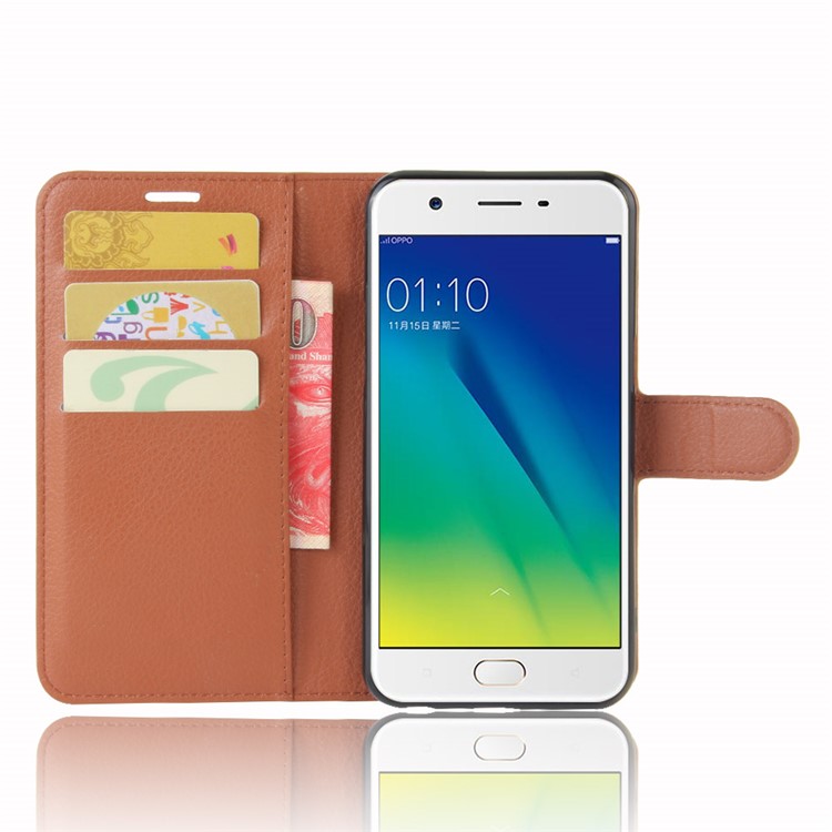 Lychee Skin Wallet Leather Case with Stand for OPPO A57 A57m - Brown-4