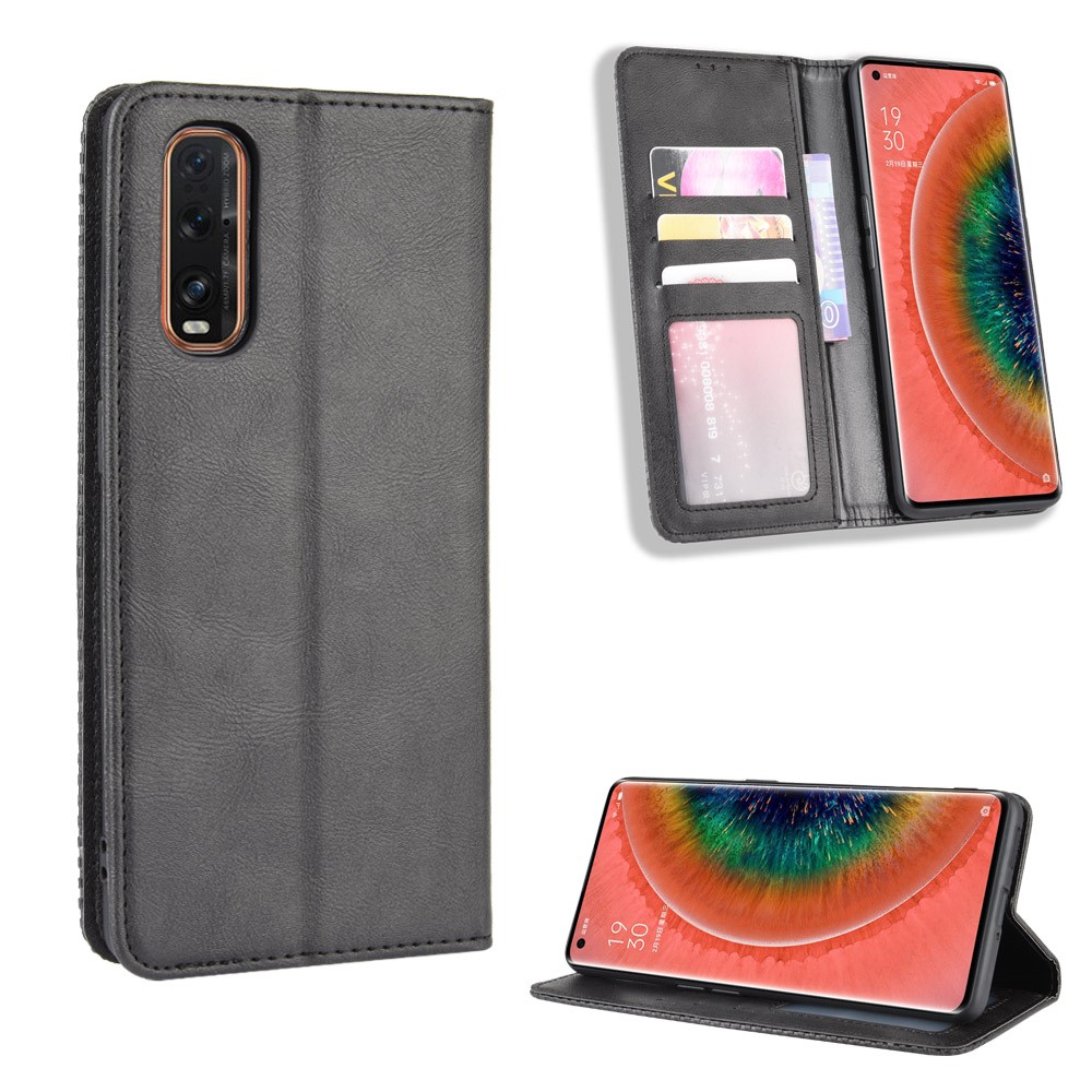 Vintage Style Leather Wallet Stand Cover Case for Oppo Find X2 - Black-1