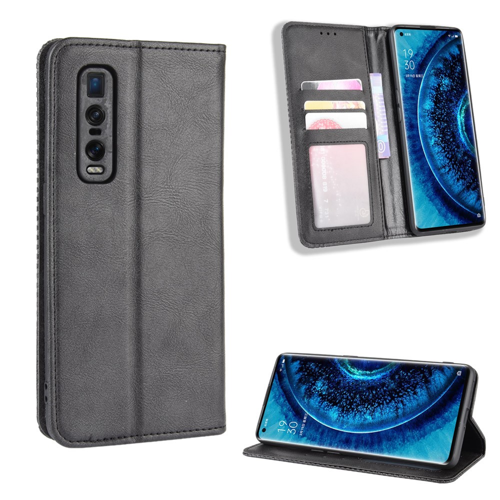 Vintage Style Leather Wallet Case for Oppo Find X2 Pro - Black-1