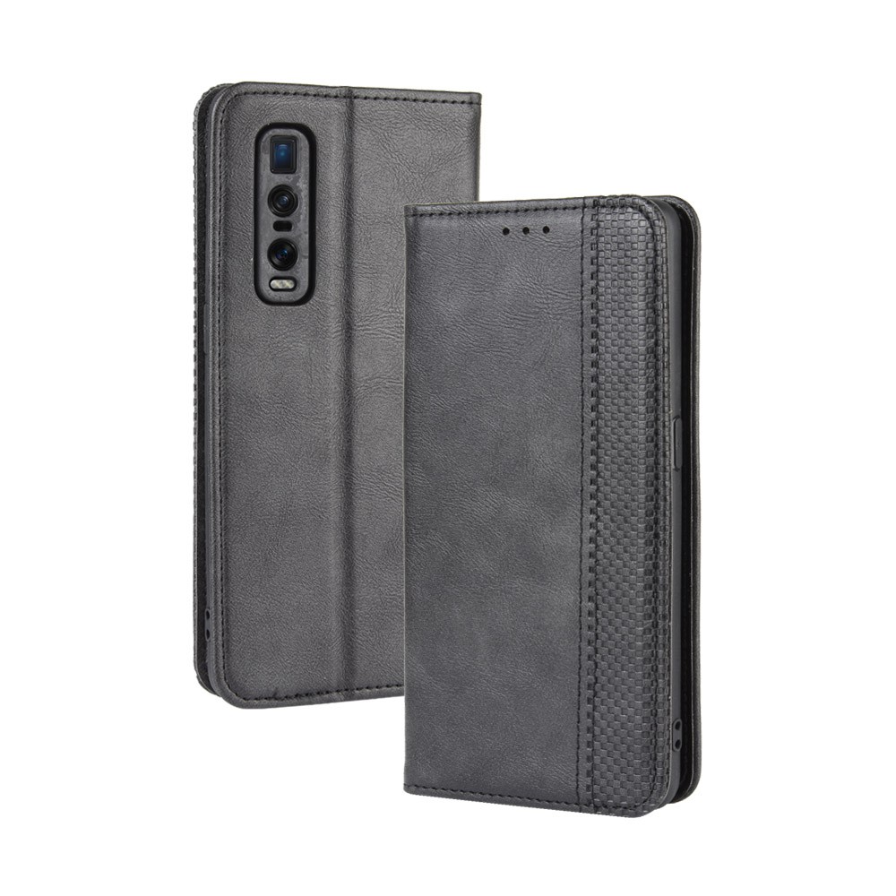 Vintage Style Leather Wallet Case for Oppo Find X2 Pro - Black-2