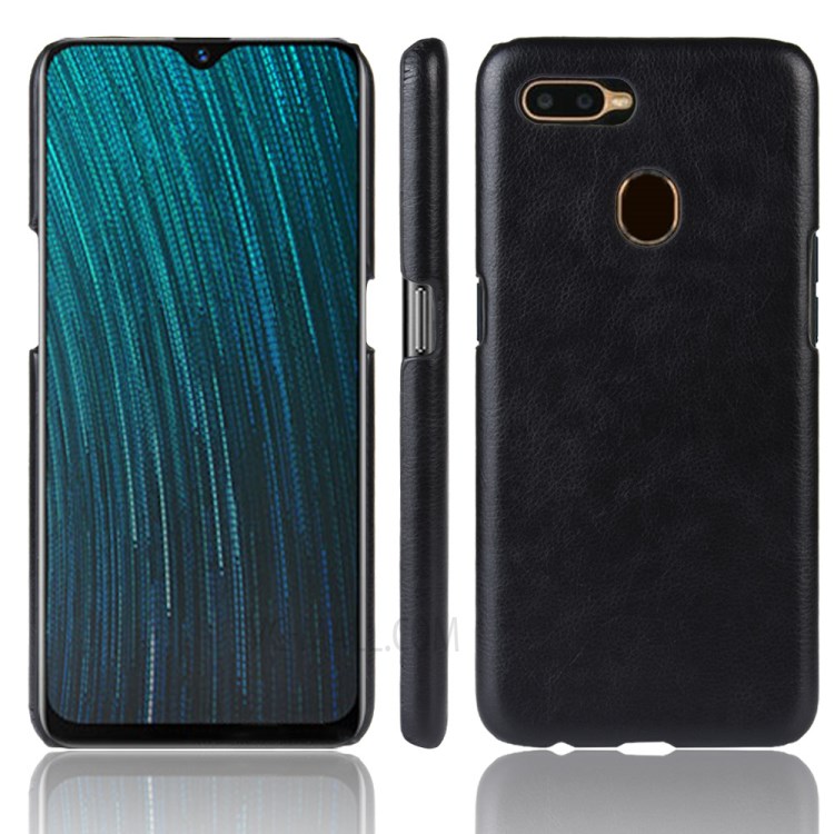 Litchi Texture PU Leather Coated Plastic Phone Cover for Oppo A12 - Black-1