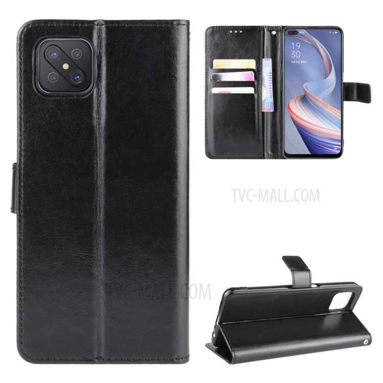 Crazy Horse Texture Wallet Stand Leather Shell with Strap Case for OPPO A92s - Black-1