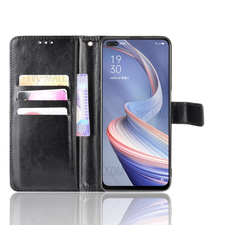 Crazy Horse Texture Wallet Stand Leather Shell with Strap Case for OPPO A92s - Black-5