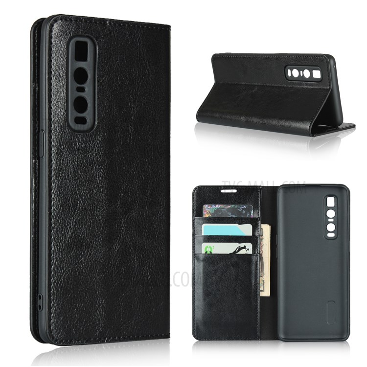 Crazy Horse Genuine Leather Wallet Stand Case for OPPO Find X2 Pro - Black-1