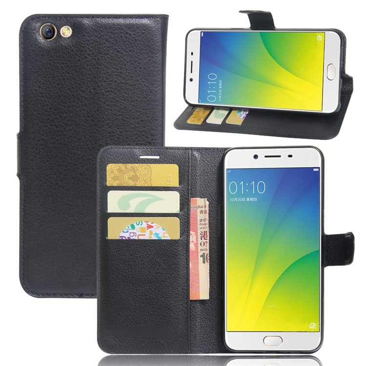 Lychee Skin Wallet Leather Cover Case for OPPO F3 Plus - Black-1