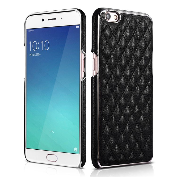 XOOMZ Grid Pattern Leather Coated Plated PC Mobile Phone Casing for OPPO R9s - Black-1