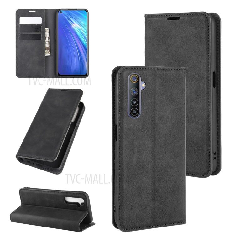 Silky Touch Auto-absorbed Flip Leather with Wallet Stand Case for Realme 6 - Black-1