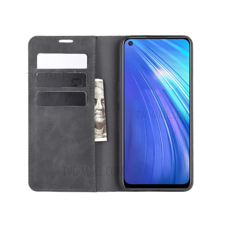 Silky Touch Auto-absorbed Flip Leather with Wallet Stand Case for Realme 6 - Black-3