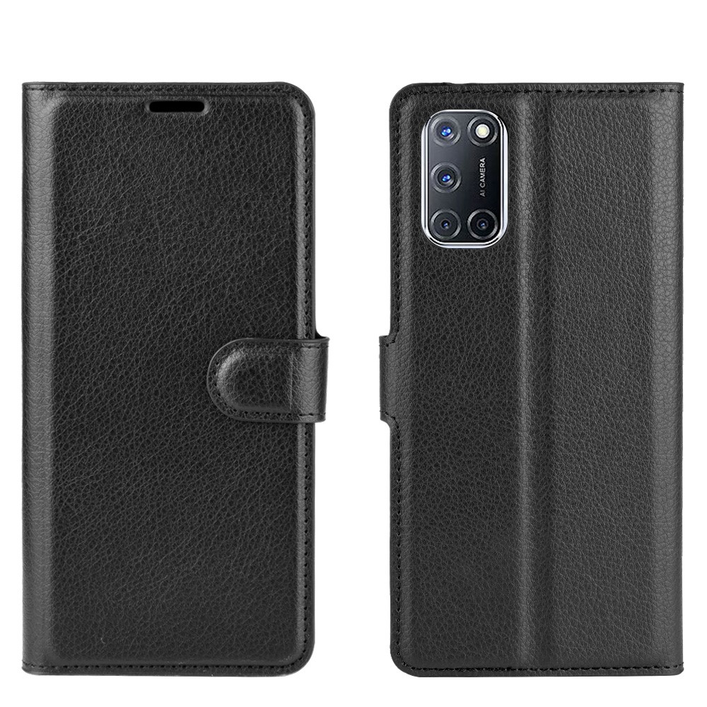 Litchi Skin Wallet Leather with Stand Case for Oppo A52/A92/A72 - Black-1