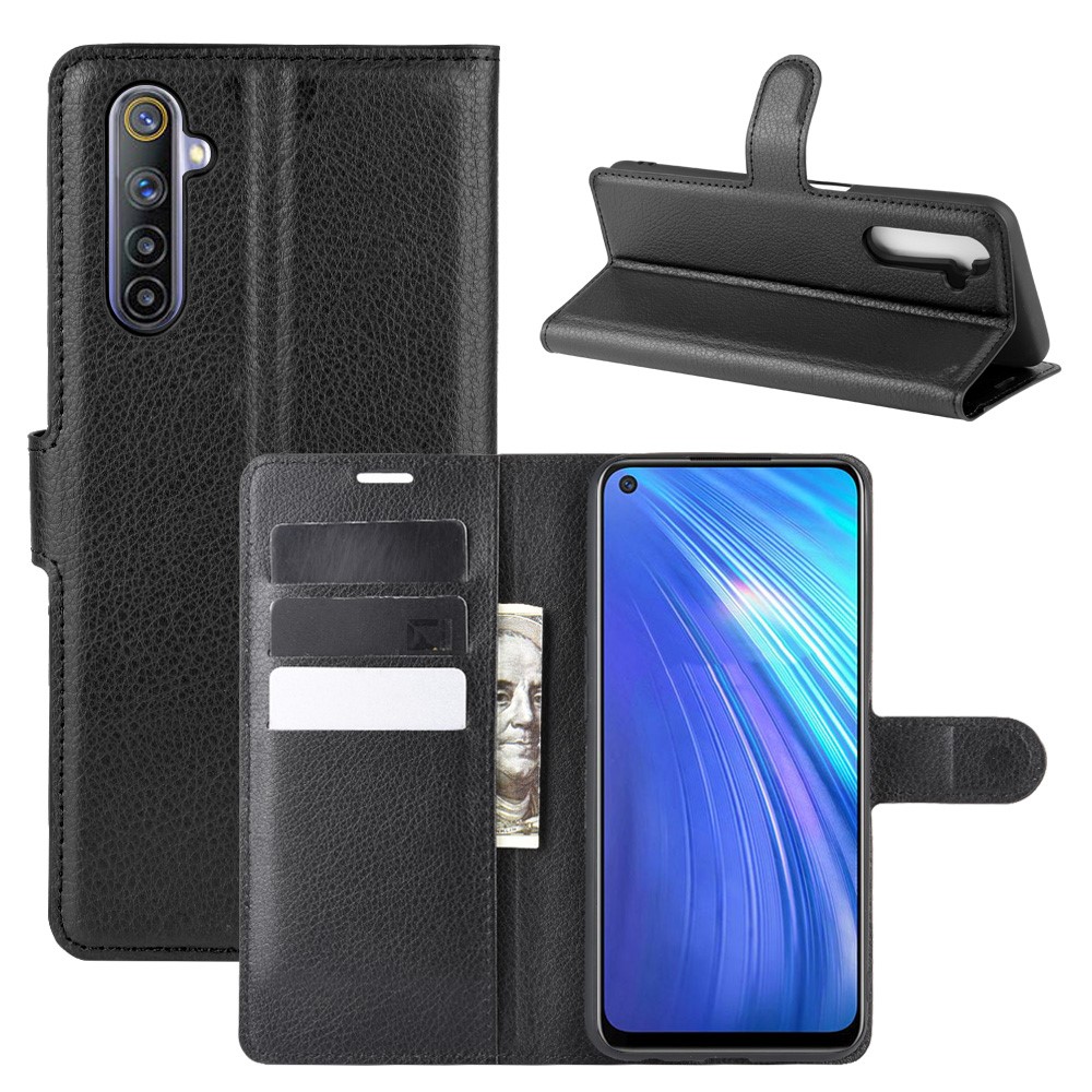 Личи Поверхность Кошелек Кожаный Чехол Для Realme 6 - Черный-2