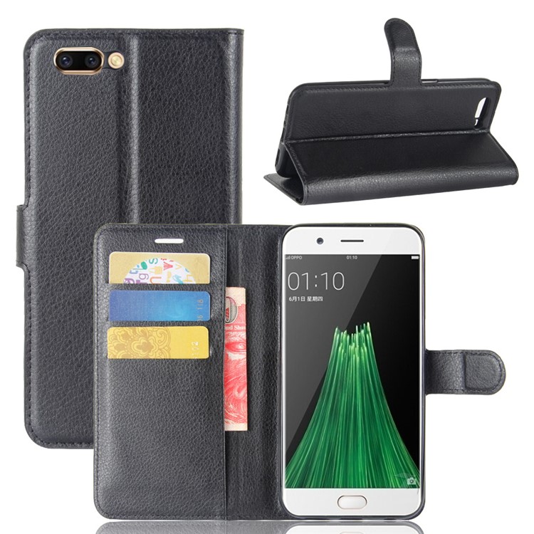 Lychee Skin Wallet Leather Stand Case for OPPO R11 Plus - Black-1