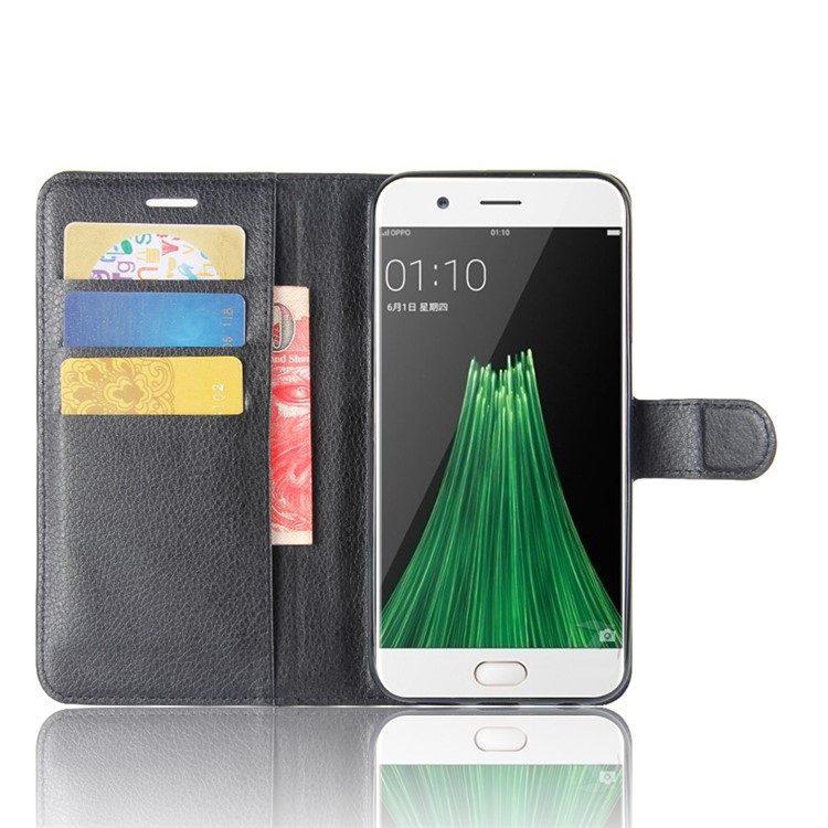 Lychee Skin Wallet Leather Stand Case for OPPO R11 Plus - Black-4