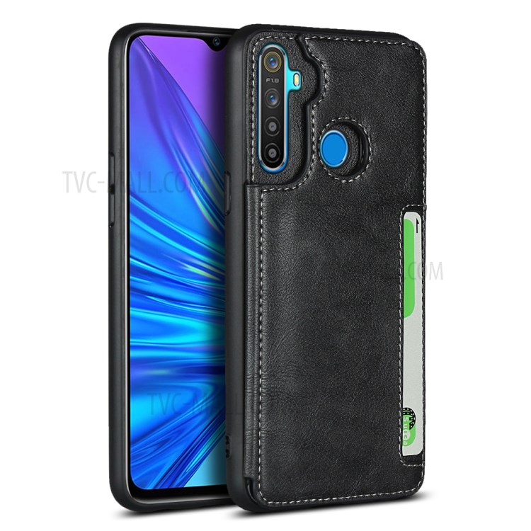 Protection Leather Coated TPU Card Holder Case with Kickstand for Realme 5 - Black-1