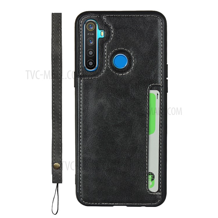 Protection Leather Coated TPU Card Holder Case with Kickstand for Realme 5 - Black-2