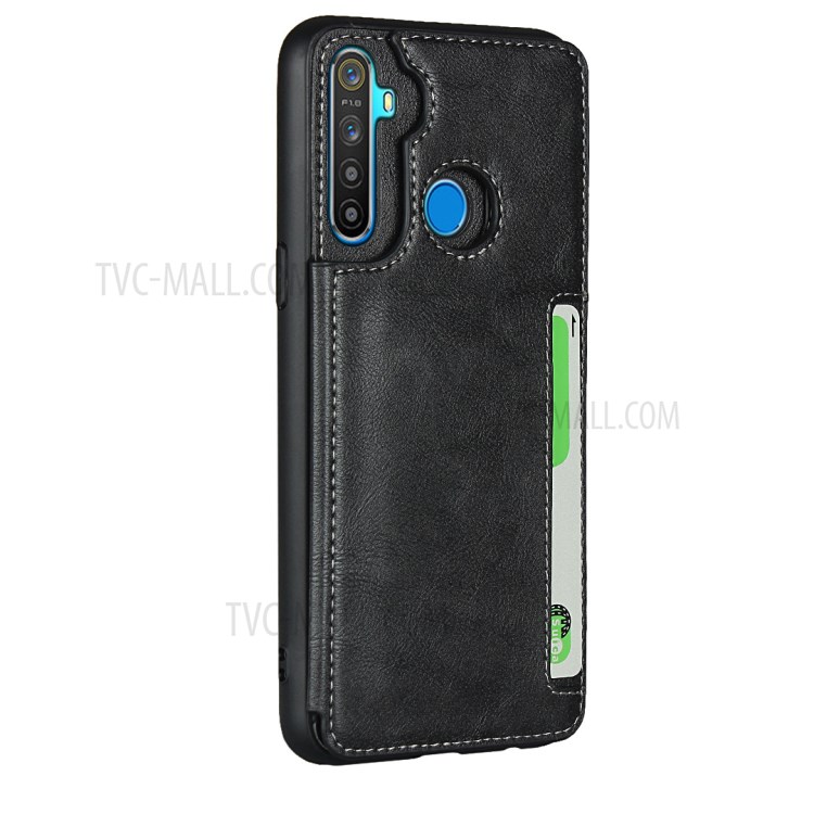 Protection Leather Coated TPU Card Holder Case with Kickstand for Realme 5 - Black-3