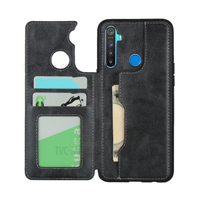 Protection Leather Coated TPU Card Holder Case with Kickstand for Realme 5 - Black-4