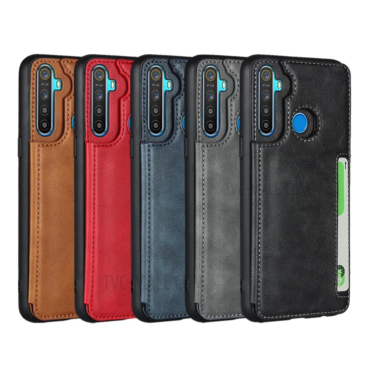 Protection Leather Coated TPU Card Holder Case with Kickstand for Realme 5 - Black-8