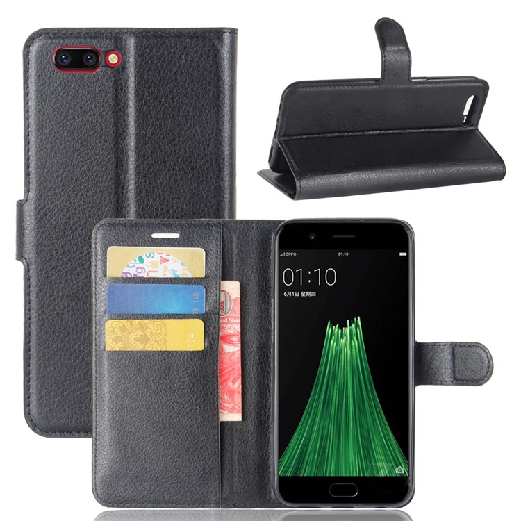 For OPPO R11 Litchi Skin Wallet Leather Stand Mobile Casing - Black-1