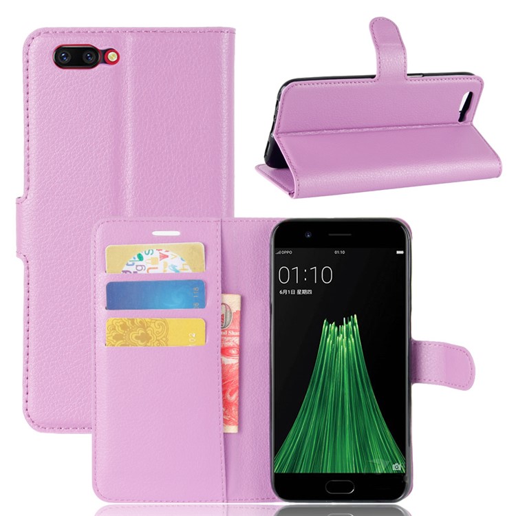 For OPPO R11 Litchi Skin Wallet Leather Stand Phone Cover - Purple-1