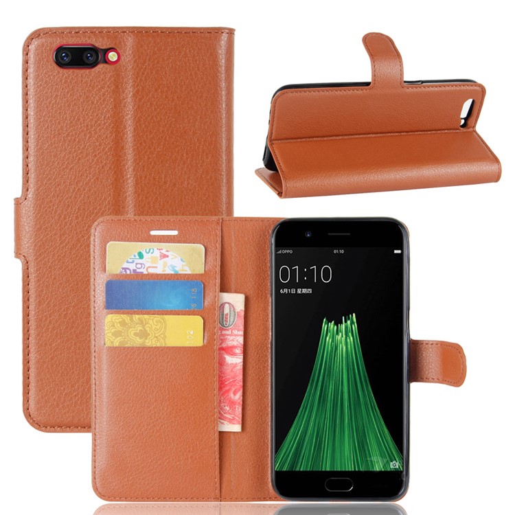 For OPPO R11 Litchi Skin Wallet Leather Stand Mobile Phone Casing - Brown-1