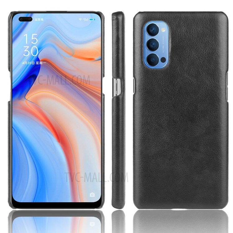 Litchi Skin PU Leather Coated PC Unique Shell for Oppo Reno4 5G - Black-1