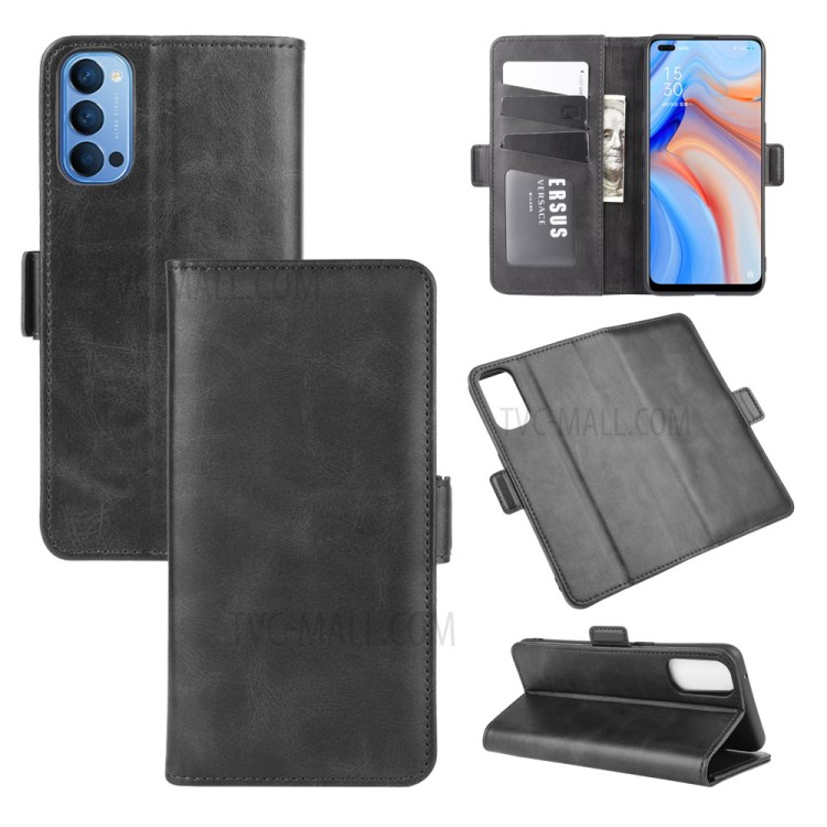 Double Magnetic Clasp Leather Wallet Mobile Phone Cover Case for Oppo Reno4 5G - Black-2