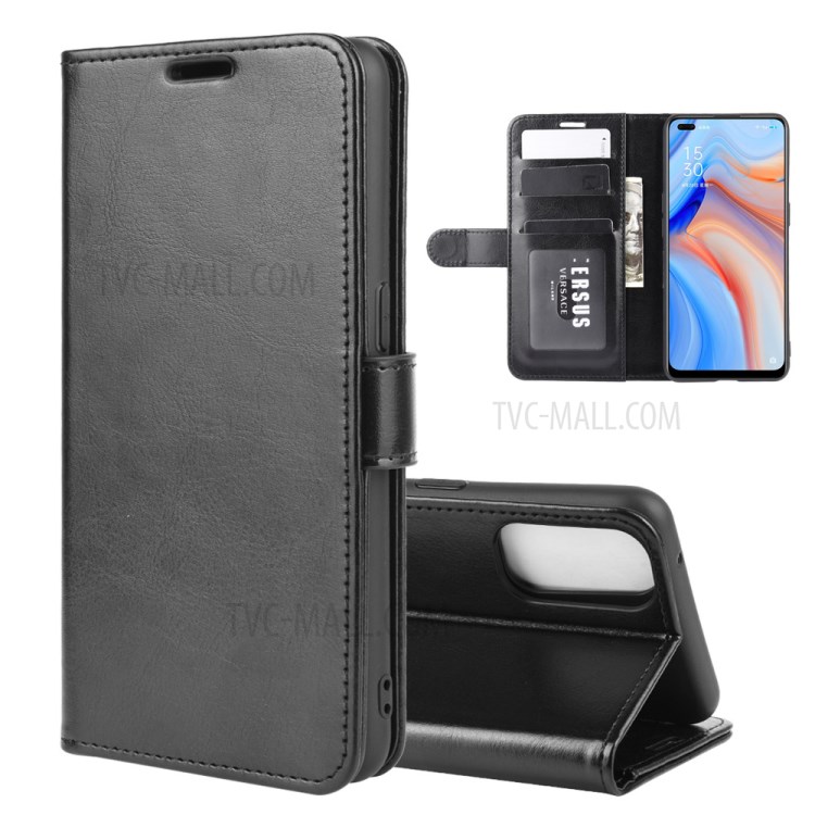 Crazy Horse Wallet Leather Phone Case with Stand for Oppo Reno4 5G - Black-2