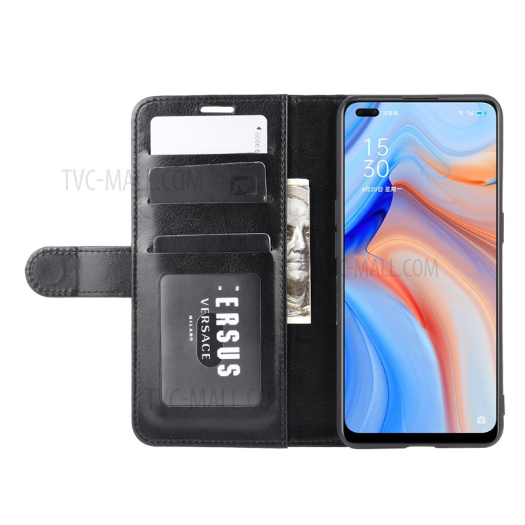Crazy Horse Wallet Leather Phone Case with Stand for Oppo Reno4 5G - Black-6