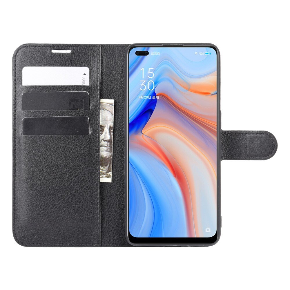 Litchi Texture Wallet Stand Leather Shell Cell Phone Cover for Oppo Reno4 5G - Black-5