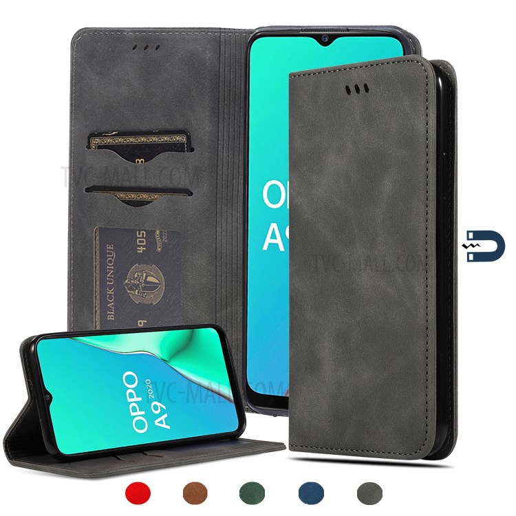 PU Leather Stand Auto-absorbed Phone Case with Card Slots for Oppo A9 (2020)/A5 (2020)/A11x - Black-1