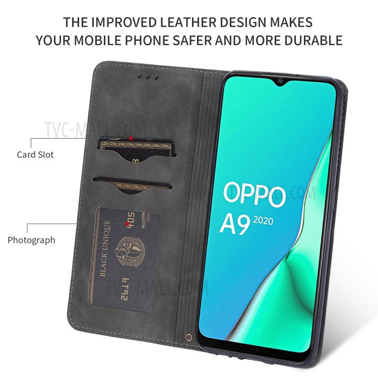 PU Leather Stand Auto-absorbed Phone Case with Card Slots for Oppo A9 (2020)/A5 (2020)/A11x - Black-3