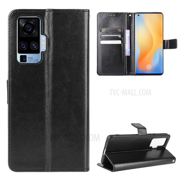 Crazy Horse Wallet Stand Leather Phone Shell for vivo X50 Pro - Black-1