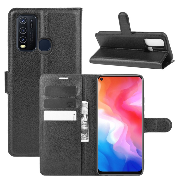 Litchi Texture Wallet Stand Leather Shell Cover for vivo Y50 / vivo Y30 - Black-1