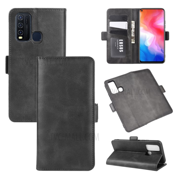 Couverture Double Magnétique Téléphone Cuir Fermoir Pour Vivo Y50 / Y30 - Noir-1