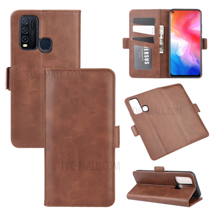 Double Magnetic Clasp Leather Phone Cover for vivo Y50/Y30 - Brown-1