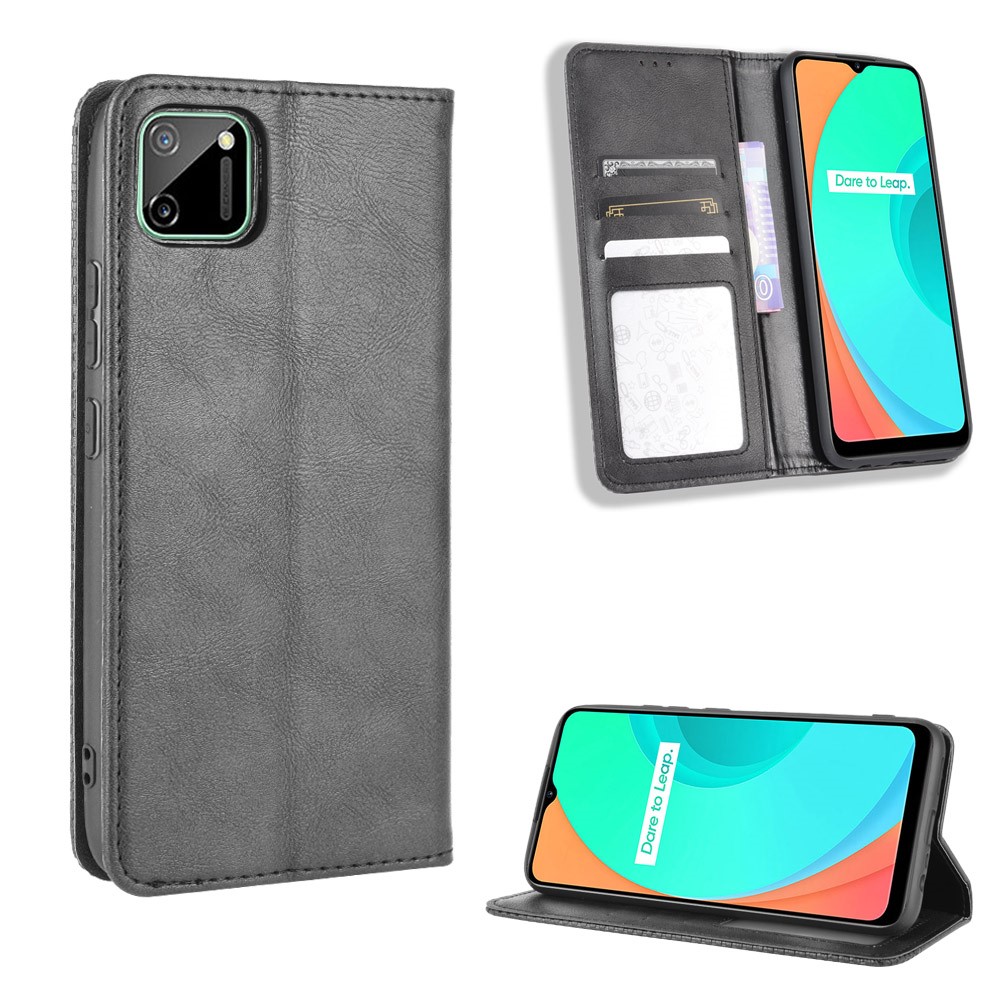 Auto-absorbed Retro PU Leather Shell Wallet Cell Phone Case for OPPO Realme C11 - Black-1