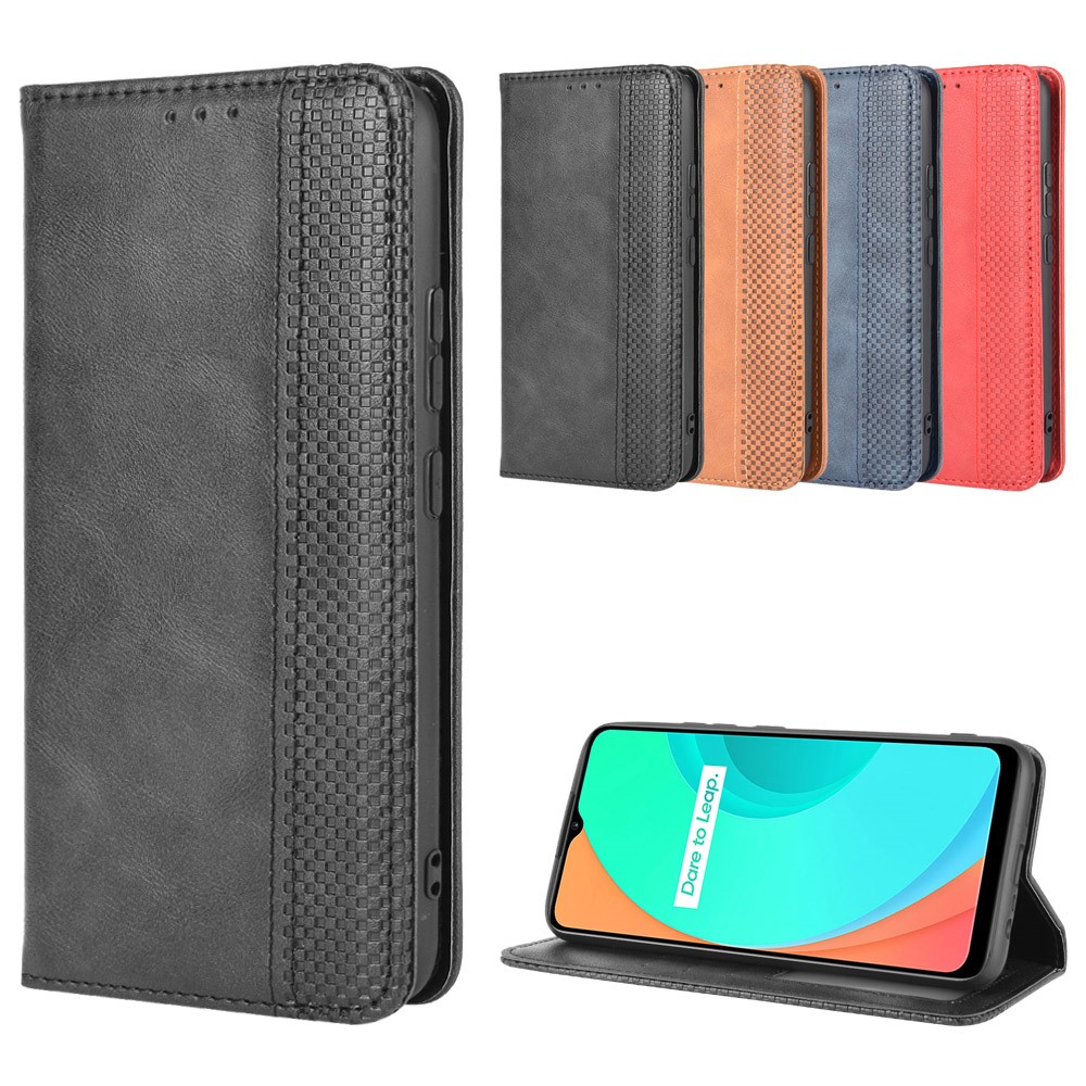 Auto-absorbed Retro PU Leather Shell Wallet Cell Phone Case for OPPO Realme C11 - Black-12