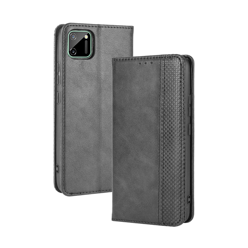 Auto-absorbed Retro PU Leather Shell Wallet Cell Phone Case for OPPO Realme C11 - Black-2