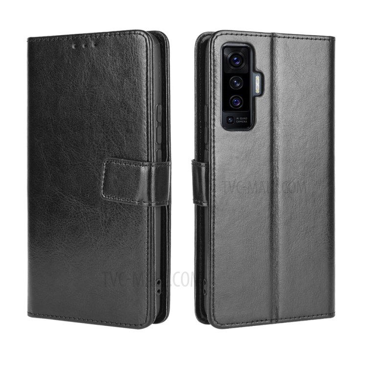 Crazy Horse Texture Wallet Stand Leather Phone Case for Vivo X50 - Black-2