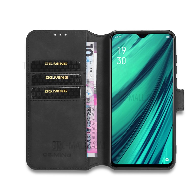 DG.MING Retro Style Leather Case Wallet Stand Shell for OPPO A5 (2020)/A9 (2020)/A11x - Black-4