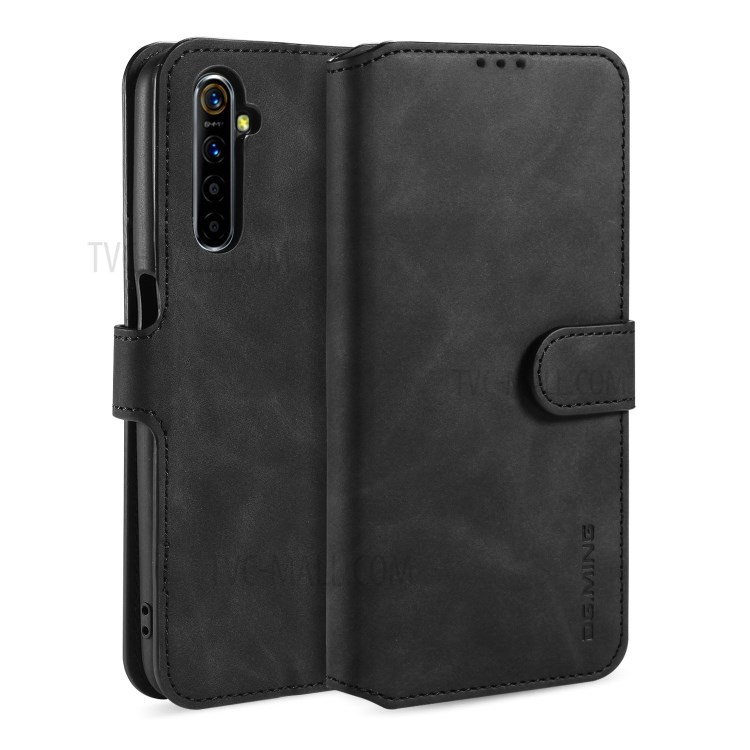 DG.MING Retro Style Leather Wallet Cell Phone Shell for Realme 6 - Black-1