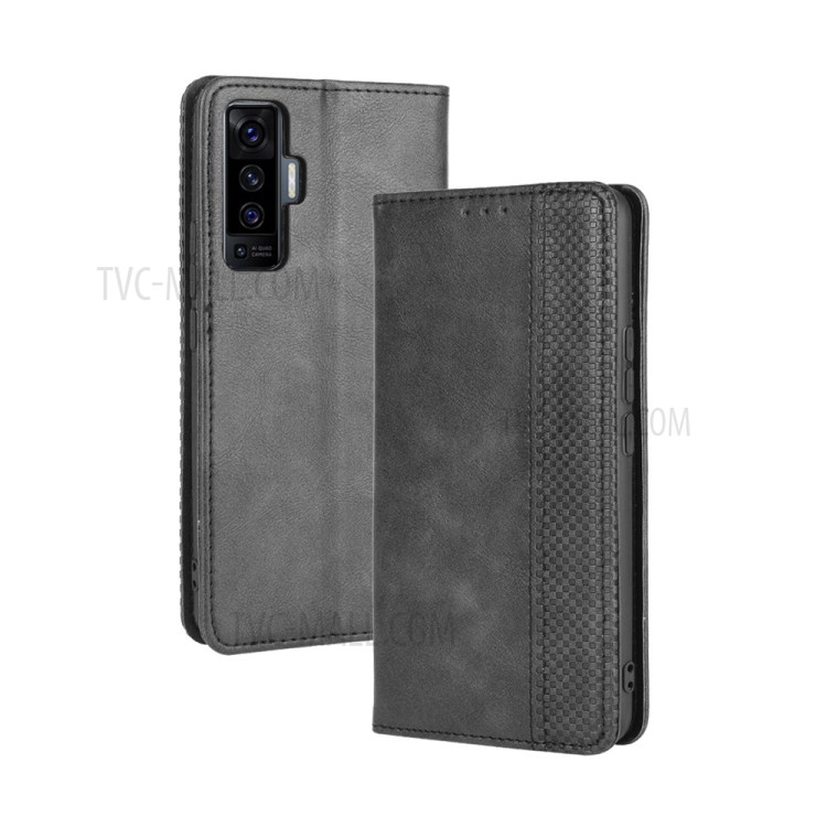 Auto-absorbed Retro Leather Mobile Phone Cover with Stand Wallet for vivo X50 - Black-1