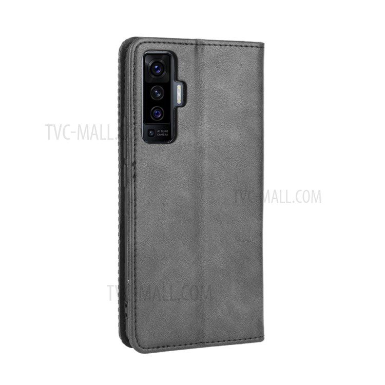 Auto-absorbed Retro Leather Mobile Phone Cover with Stand Wallet for vivo X50 - Black-2