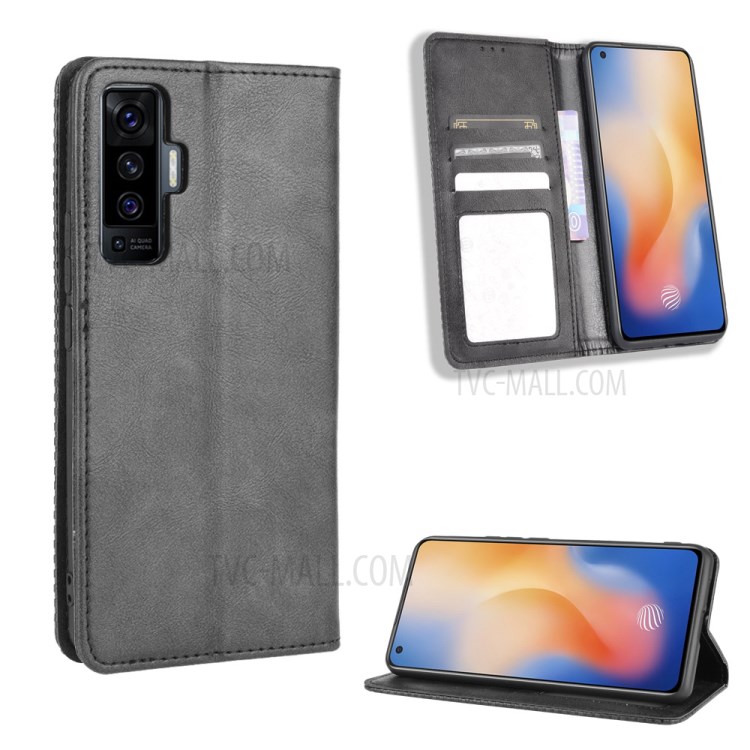 Auto-absorbed Retro Leather Mobile Phone Cover with Stand Wallet for vivo X50 - Black-3